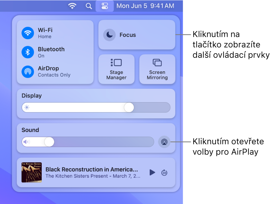 Zvětšené zobrazení Ovládacího centra na Macu