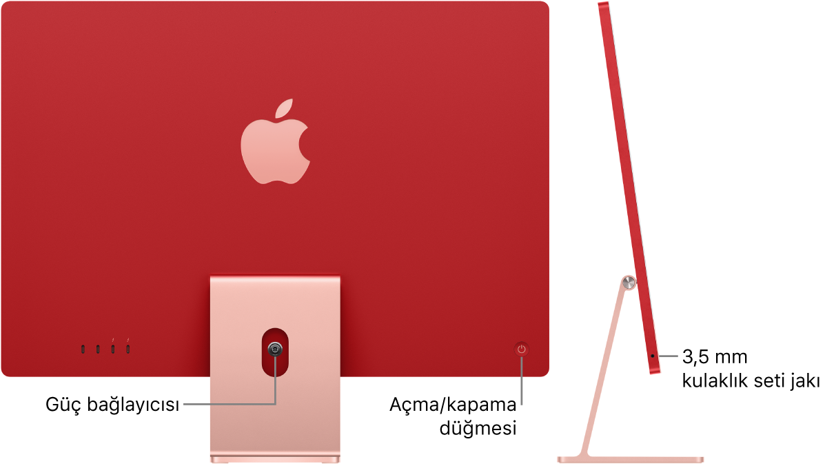 iMac’in güç bağlayıcısını ve açma/kapama düğmesini gösteren arkadan görünümü. Onun yanında, kulaklık jakını gösteren yandan görünüm var.