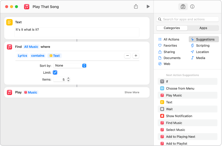 Ask Each Time variable replacing the Repeat parameters in the Play Music action in the shortcut editor.