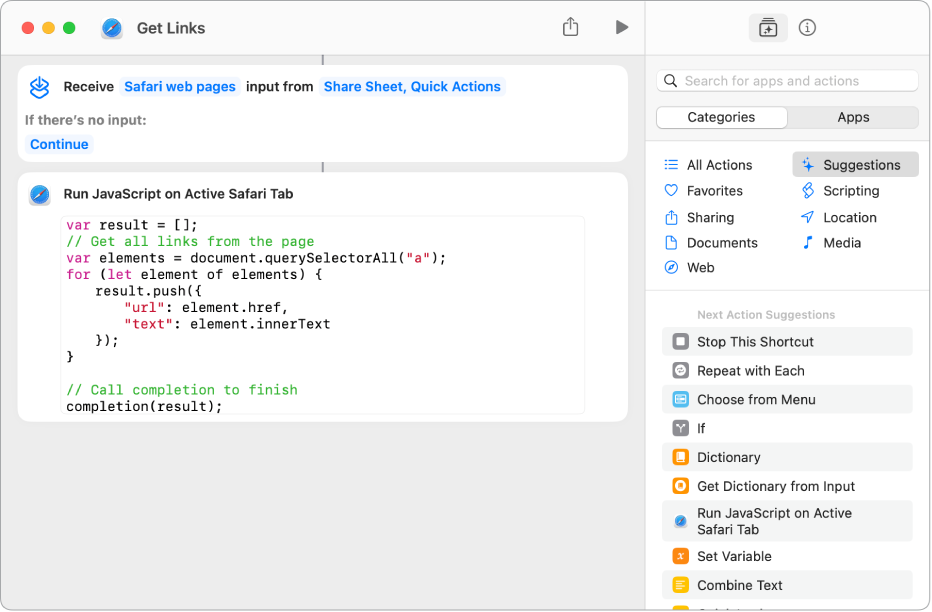 The Run JavaScript on Web Page action in the shortcut editor.