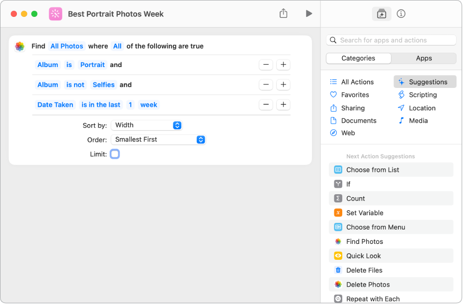 Find Photos Where action in shortcut editor.