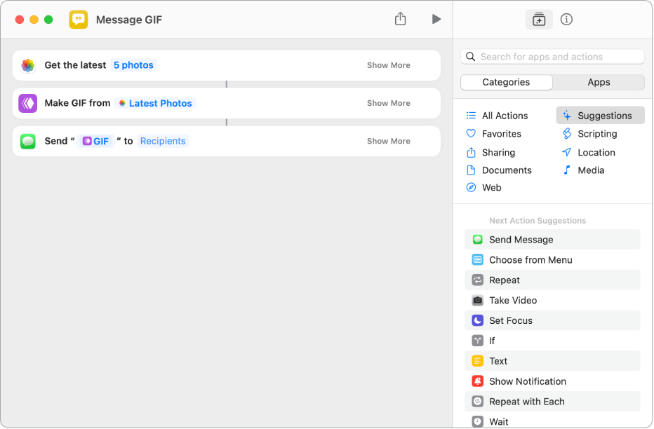 Shortcut editor showing actions used to send a message with photos as an animated GIF.
