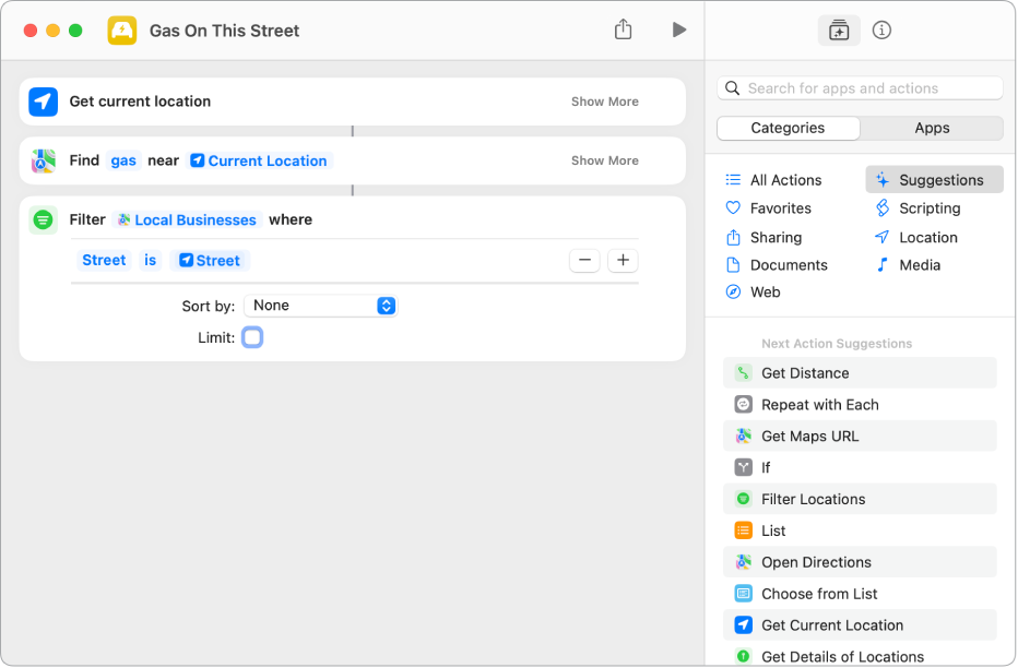 Filter Locations Where action in shortcut editor.