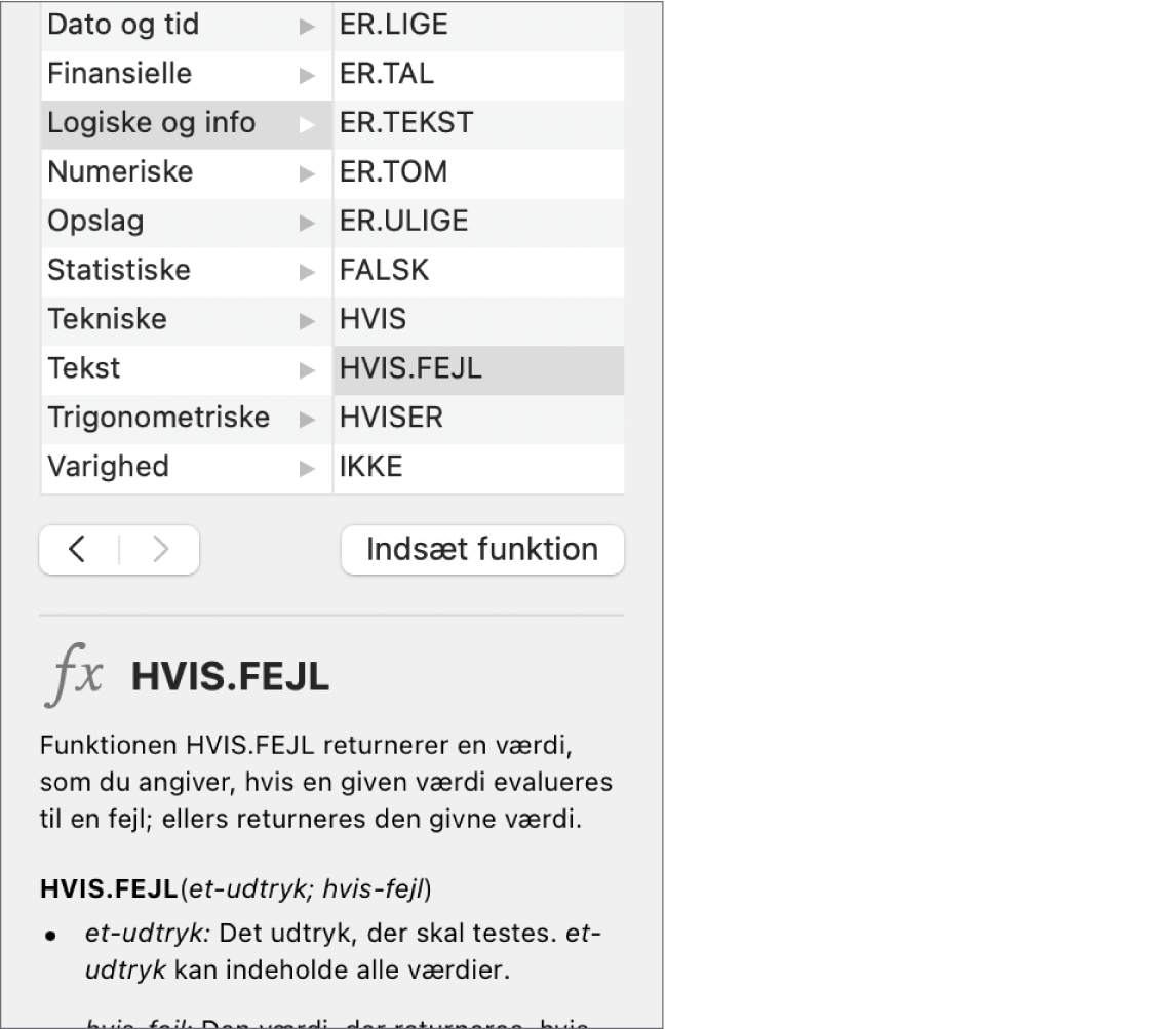 Funktionsbrowseren viser oplysninger om funktionen HVIS.FEJL.