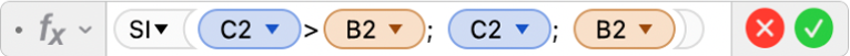L’éditeur de formules présentant la formule =SI(C2>B2;C2;B2).