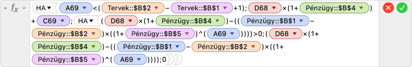 A Képletszerkesztő a HA függvénnyel használt feltételekkel és helyettesítő karakterekkel (pl. < és ^).