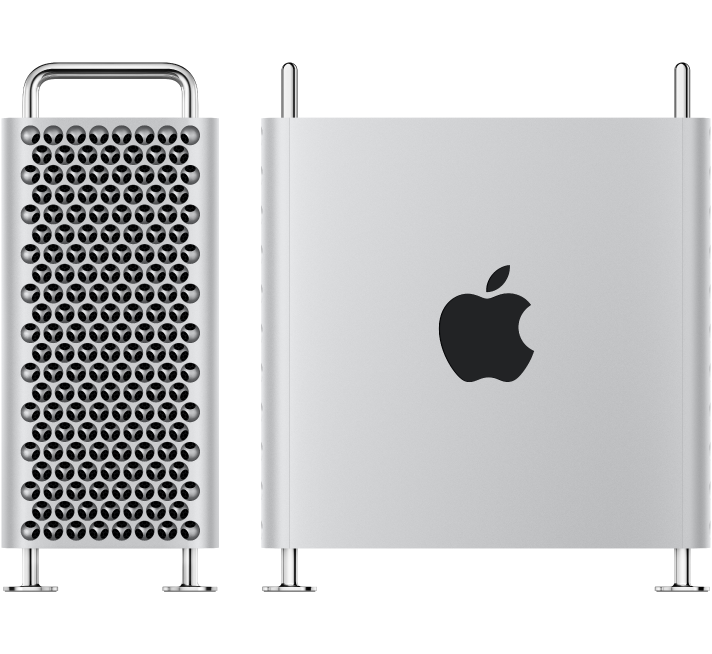 Dos imágenes de la Mac Pro: una vista desde el extremo y una vista lateral.