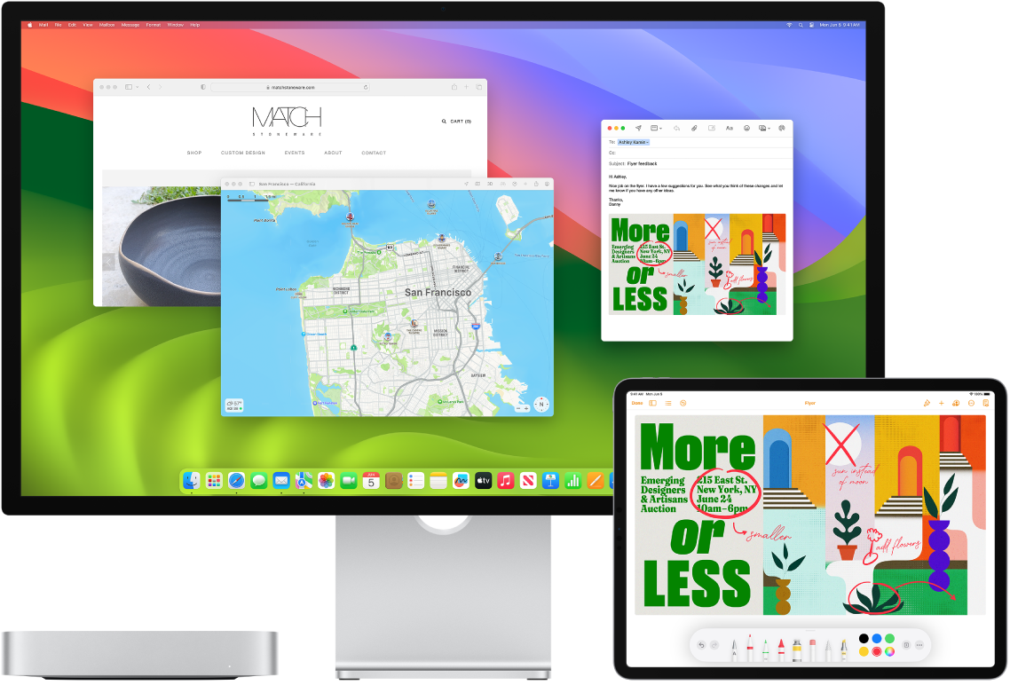 Una Mac mini junto a un iPad. La pantalla del iPad muestra un anuncio con anotaciones. La pantalla de la Mac mini tiene un correo de Mail con el diseño del volante con anotaciones del iPad en forma de archivo adjunto.