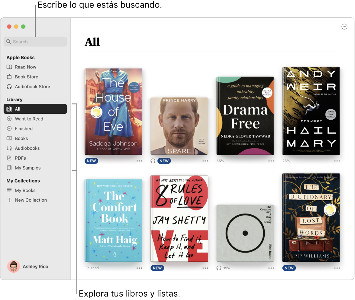 Una ventana de la app Libros donde se muestra cómo ver libros, explorar contenido seleccionado y realizar búsquedas.