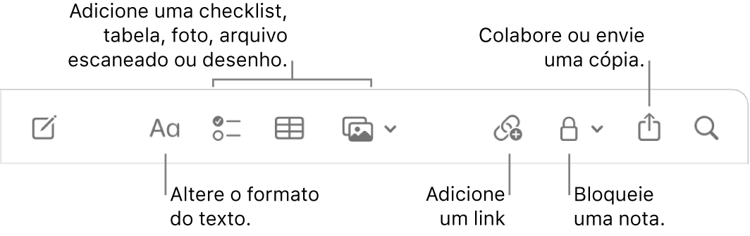 Barra de ferramentas do app Notas com chamadas para as ferramentas de formato do texto, checklist, tabela, link, fotos/mídia, bloqueio, compartilhamento e envio de cópia.