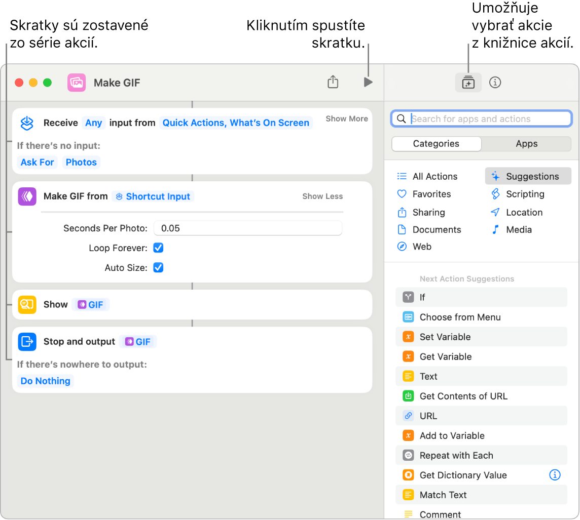 Editor skratiek Vytvoriť GIF naľavo a knižnica akcií napravo.
