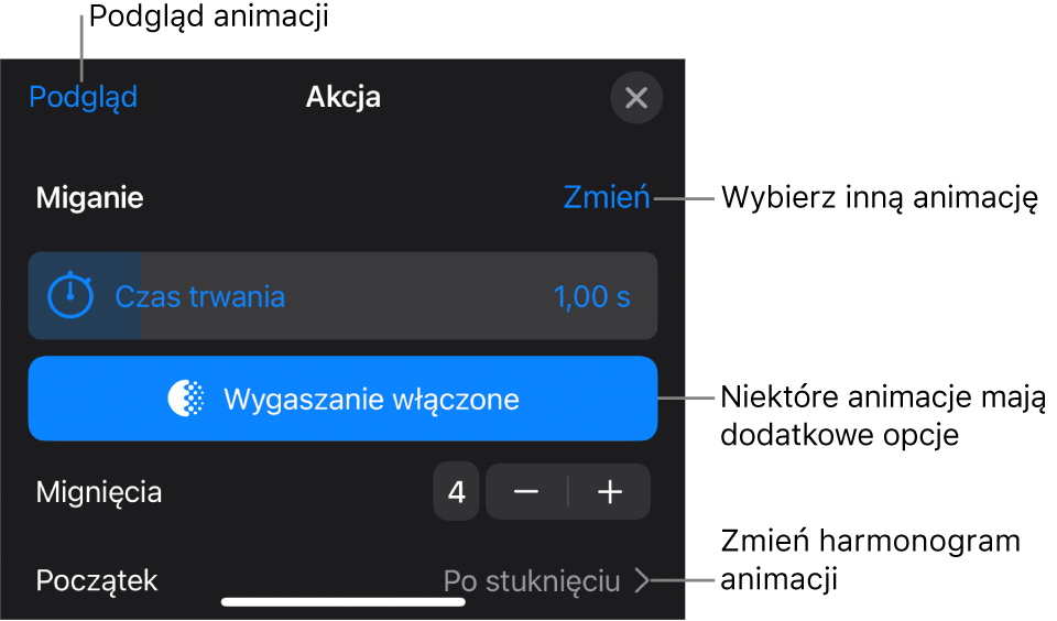 Widoczne są opcje animacji: Czas trwania oraz Rozpoczęcie. Stuknij w Zmień, aby wybrać inną animację. Stuknij w Podgląd, aby zobaczyć podgląd animacji.