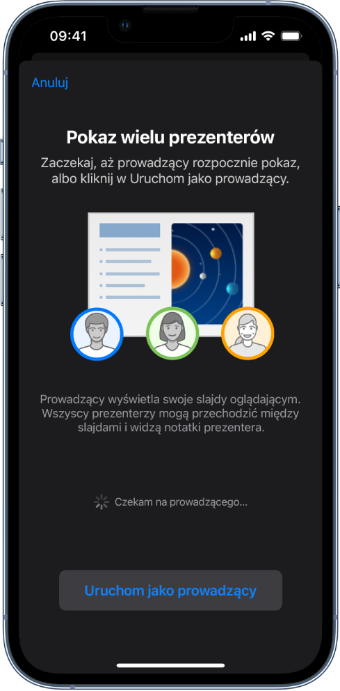 Okno wprowadzające prezentacje z wieloma prezenterami z przyciskiem Uruchom jako prowadzący u dołu.