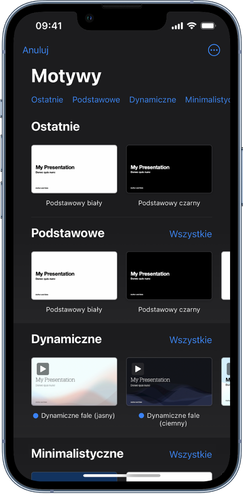  Paleta motywów z widocznym na górze wierszem kategorii, w które możesz stuknąć, aby filtrować dostępne motywy. Poniżej widoczne są miniaturki gotowych motywów uporządkowane wierszami według kategorii.