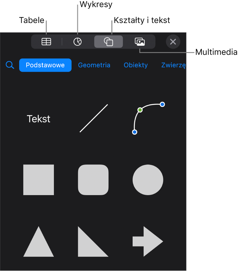 Narzędzia do dodawania obiektu; na górze widoczne są przyciski pozwalające wybrać tabele, wykresy, kształty (w tym linie i pola tekstowe) oraz multimedia.