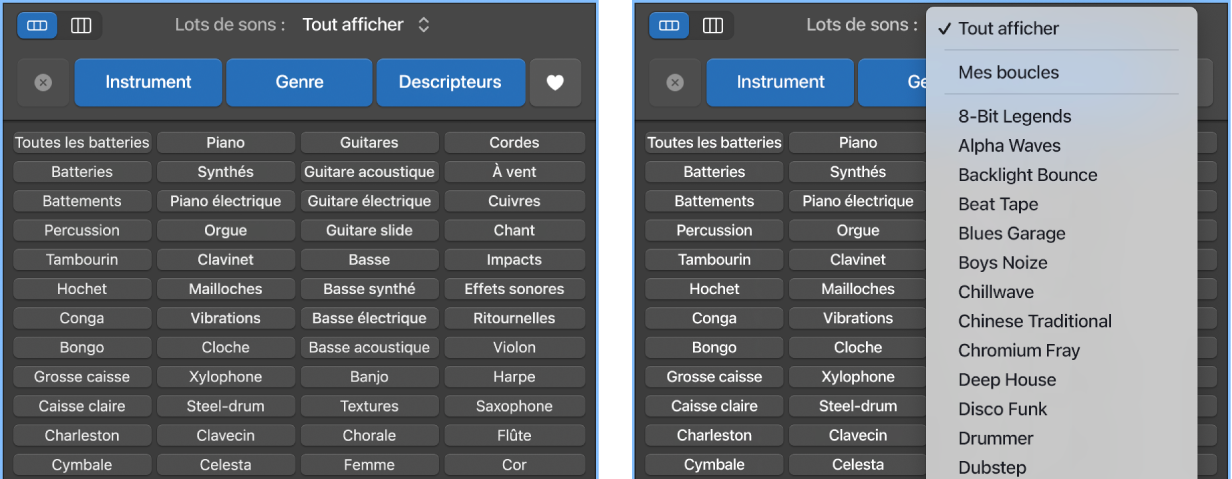 Menu contextuel Boucles ouvert