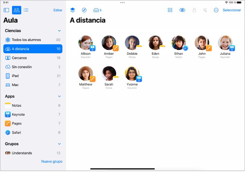 Ventana de Aula en el iPad con los alumnos seleccionados que están a distancia.