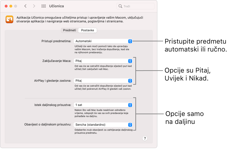 Prikaz polaznicima dostupnih dopuštenja Učionice.