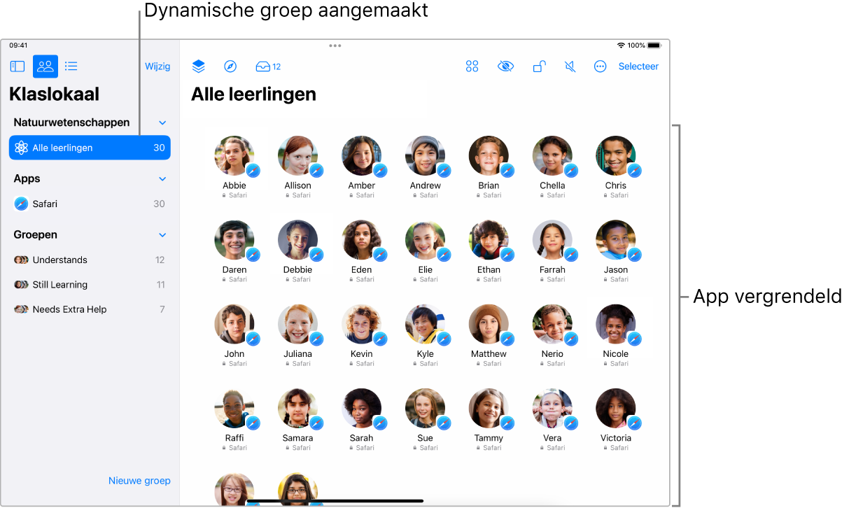 Het Klaslokaal-venster op een iPad met een groep leerlingen voor wie een app vergrendeld is.