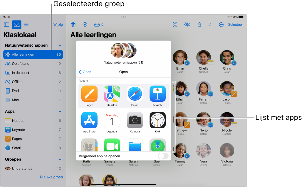 Het Klaslokaal-venster met de beschikbare apps die worden weergegeven wanneer je op 'Open' tikt.