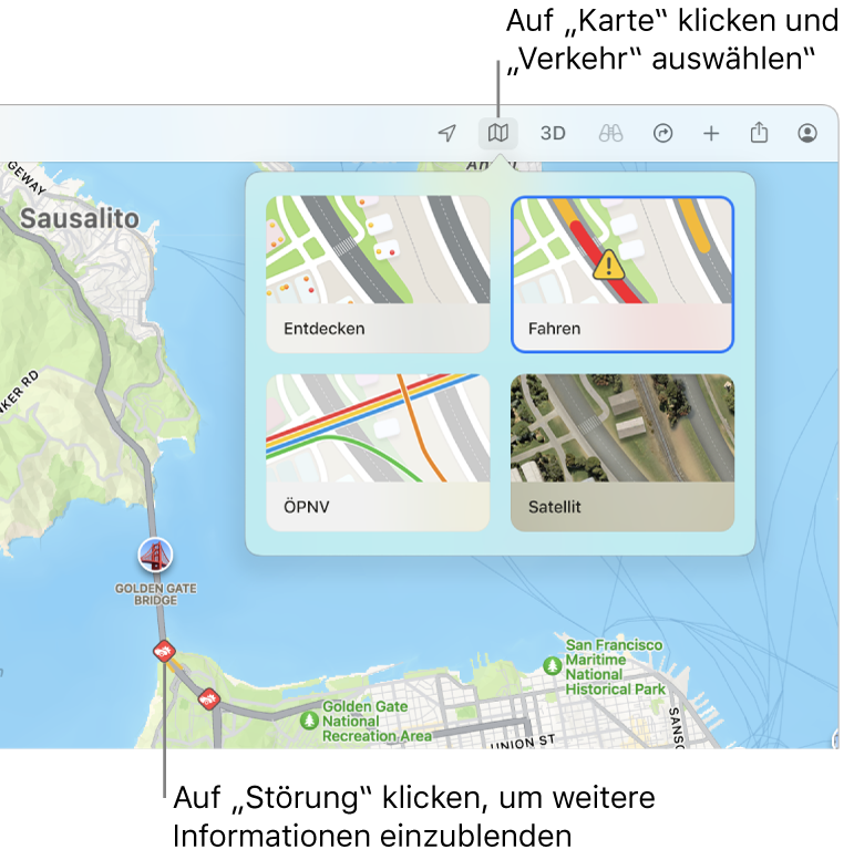 Karte von San Francisco mit angezeigten Kartenoptionen, der ausgewählten Straßenkarte und den Verkehrsereignissen auf der Karte.