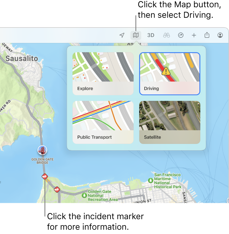 A map of San Francisco with map options displayed, the Driving map selected and traffic incidents on the map.