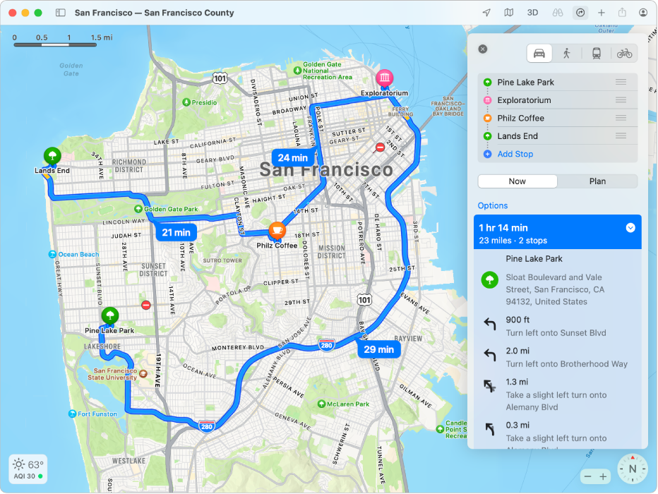 A map of San Francisco showing a route with multiple stops.