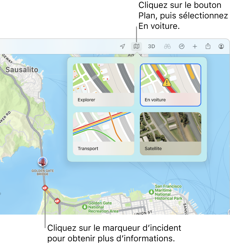 Un plan de San Francisco avec l’affichage des options de plan, la case Circulation cochée et les incidents liés au trafic sur le plan.