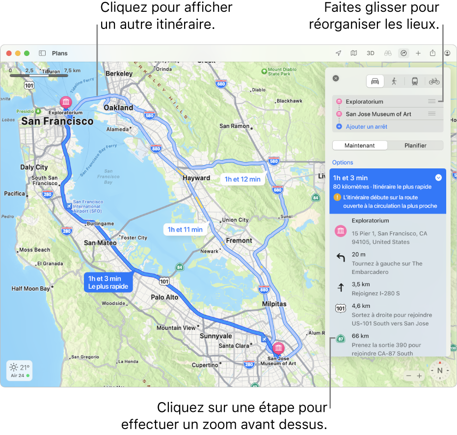 Un plan de la région de San Francisco avec un itinéraire en voiture entre deux lieux. Des routes alternatives sont également affichées sur le plan.