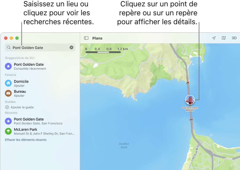 Saisissez un lieu dans le champ de recherche ou cliquez dessus pour afficher les recherches récentes. Cliquez sur un point de repère ou sur un repère pour afficher des détails.