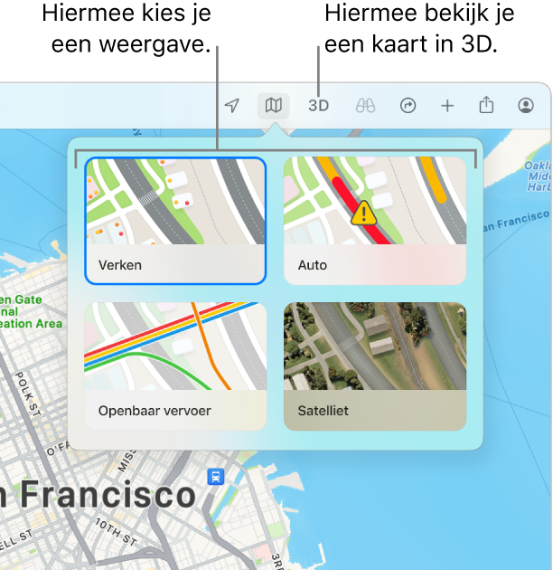 Een kaart van San Francisco met weergaveopties: 'Verken', 'Auto', 'Ov' en 'Satelliet'.