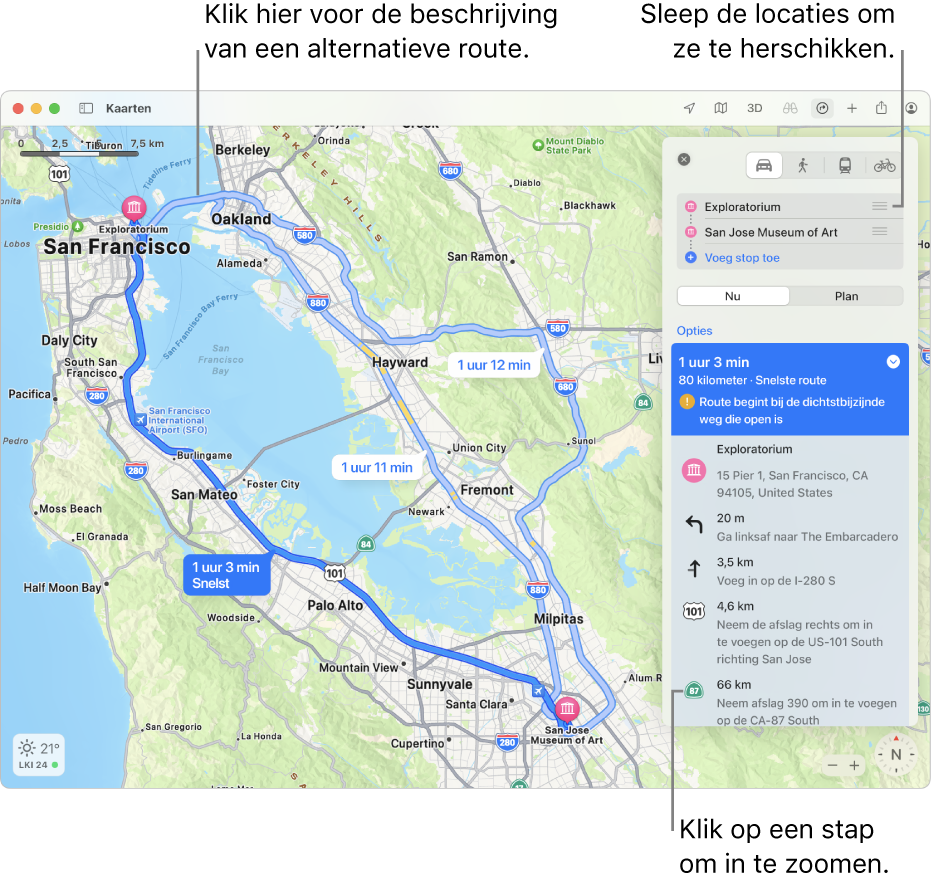 Een kaart van de regio San Francisco met aanwijzingen voor een autoroute tussen twee locaties. Er worden ook alternatieve routes weergegeven op de kaart.