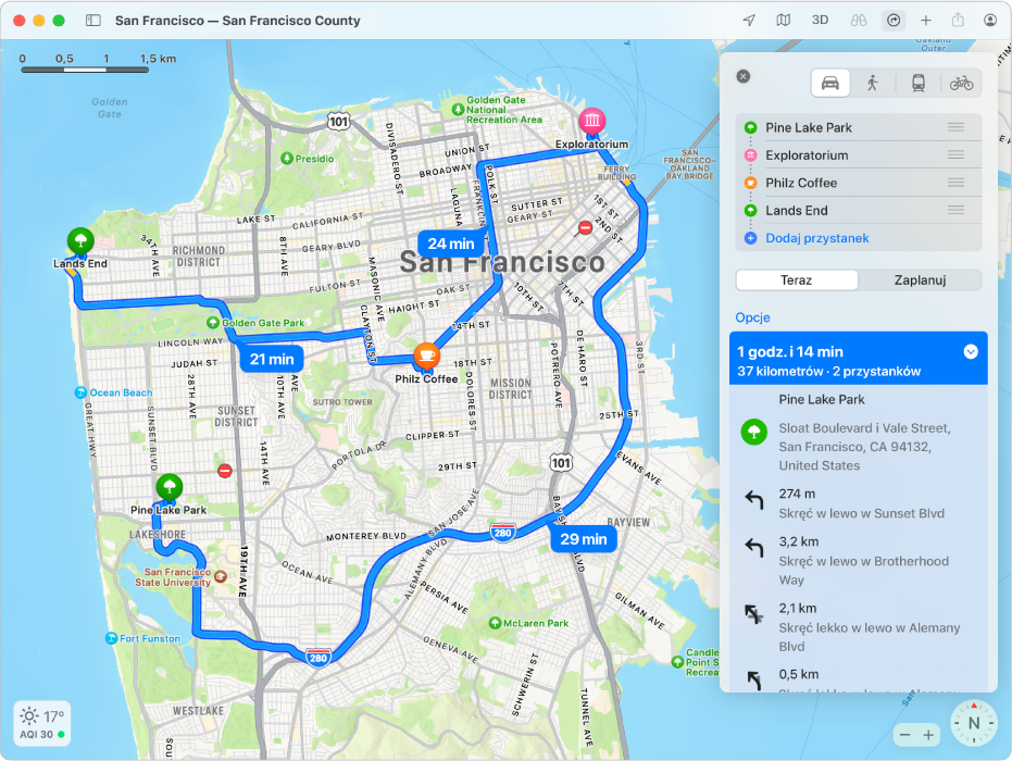 Mapa San Francisco z widoczną trasą z wieloma przystankami.