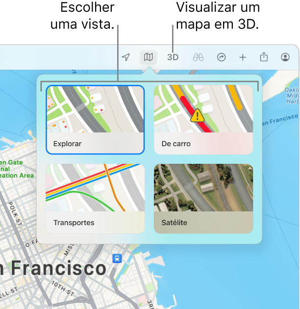 Um mapa de São Francisco com opções de vista de mapa: “Explorar”, “De carro”, “Transportes públicos” e “Satélite”.