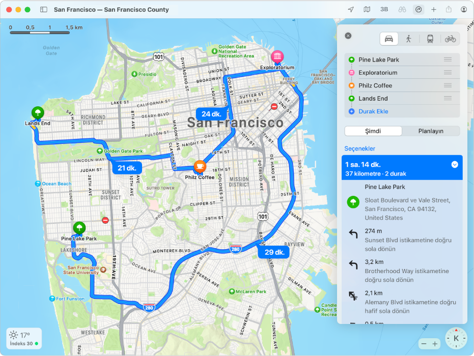 Çok duraklı bir güzergâhı gösteren San Francisco haritası.