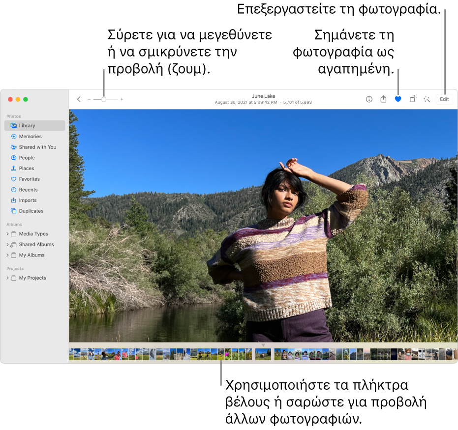 Το παράθυρο των Φωτογραφιών, στο οποίο εμφανίζεται μια μεγεθυμένη φωτογραφία στα δεξιά με μια σειρά μικρογραφιών από κάτω. Η γραμμή εργαλείων στο πάνω μέρος περιλαμβάνει το ρυθμιστικό Ζουμ, το κουμπί «Αγαπημένο» και το κουμπί «Επεξεργασία».