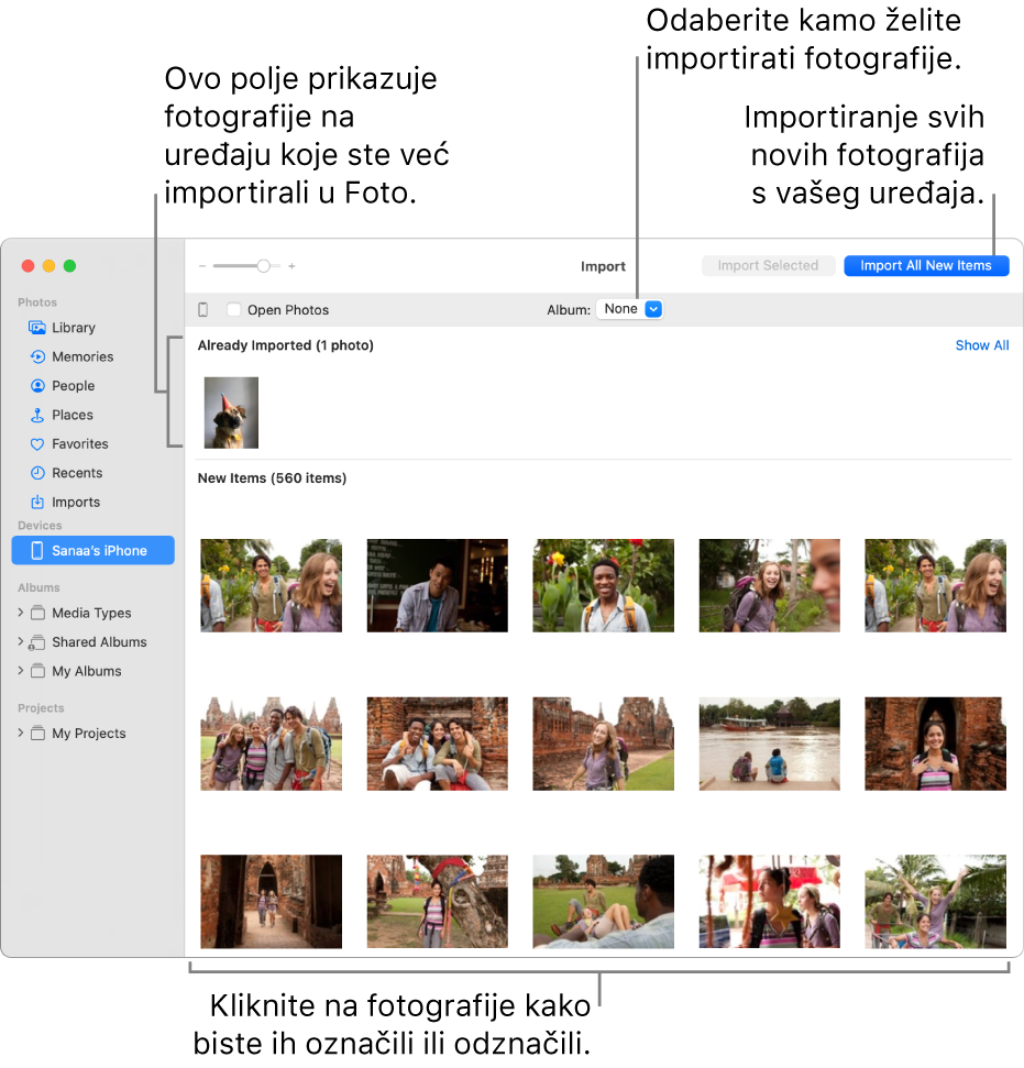 Aplikacija Foto na uređaju koji ste već importirali prikazana je na vrhu prozora Importiraj, a nove se fotografije nalaze na dnu. Na vrhu u središtu nalazi se skočni izbornik Album. Tipka Importiraj sve nove stavke nalazi se u gornjem desnom kutu.