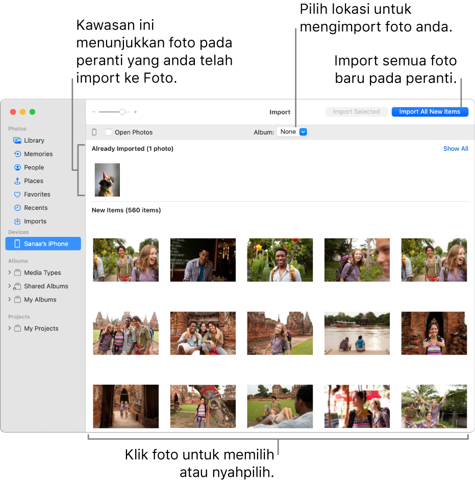 Foto pada peranti yang anda sudah import ditunjukkan di bahagian atas tetingkap Import; foto baharu berada di bahagian bawah. Di bahagian atas ialah menu timbul Album. Butang Import Semua Item Baharu berada di sebelah kanan atas.