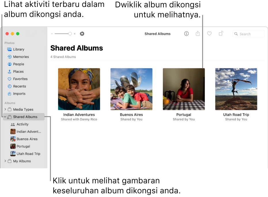 Tetingkap foto menunjukkan Album Dikongsi dipilih dalam bar sisi dan album dikongsi muncul di sebelah kanan.