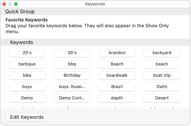 Cuvinte cheie în fereastra Gestionar cuvinte cheie, cu zona Grup rapid în partea de sus și butonul Editează cuvinte cheie în stânga jos.