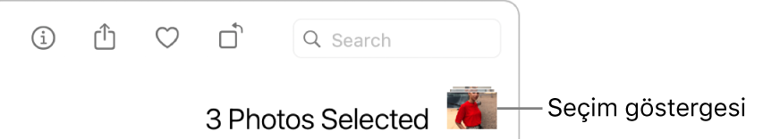 Seçili üç fotoğraf olduğunu gösteren bir seçim göstergesi.
