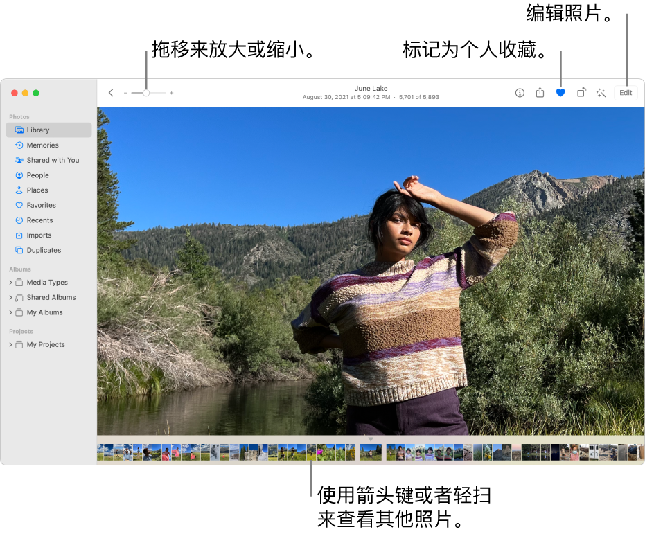 “照片”窗口，右侧显示放大的照片，下方显示一行缩略图。顶部的工具栏包括缩放滑块、个人收藏按钮和编辑按钮。