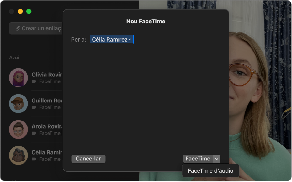 S’obre una finestra “Nou FaceTime” on s’hi pot veure l'opció per fer una trucada de vídeo o d’àudio del FaceTime.