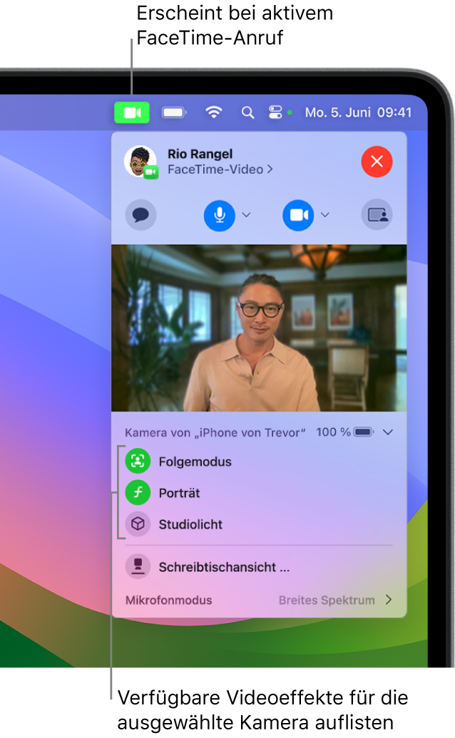 Im Kontrollzentrum oben rechts auf dem Mac-Bildschirm sind die Taste „Video“ (die auf unterstützten Macs erscheint) und drei verfügbare Effekte zu sehen.