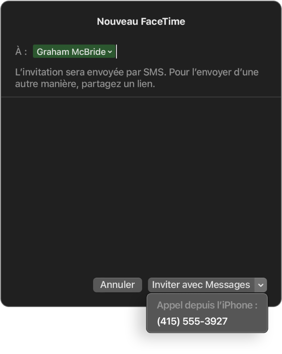 La fenêtre « Nouveau FaceTime » avec le nom d’une personne dans le champ À. Le pop-up au bas de l’écran inclut la possibilité d’inviter le contact avec Messages (envoyer un SMS) ou d’appeler avec l’iPhone.