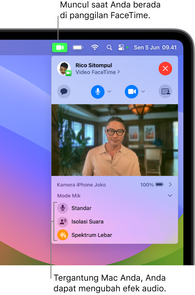 Pusat Kontrol di pojok kanan atas layar Mac, menampilkan tombol Video (yang muncul saat Anda berada dalam panggilan FaceTime) dan pilihan Mode Mik (yang mengubah efek audio, tergantung Mac Anda).