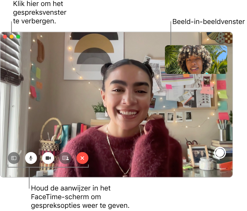 Plaats de aanwijzer op het FaceTime-venster om de knoppen te zien voor de navigatiekolom, 'Geluid uit', 'Schakel geluid van video uit', 'Schermdeling', 'Hang op' en 'Live Photo'. Klik linksboven op de middelste knop om het gespreksvenster te verbergen. Het beeld-in-beeldvenster wordt rechtsboven weergegeven.