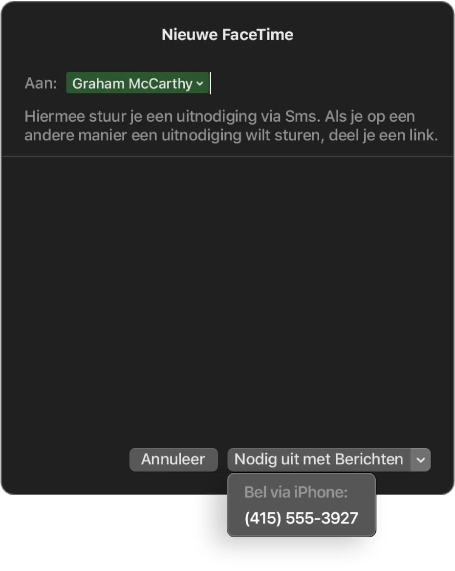 Het venster 'Nieuwe FaceTime' met de naam van een persoon in het veld 'Aan'. In het pop-upvenster onderaan het venster staat dat er een uitnodiging kan worden verstuurd met Berichten (een sms versturen) of dat je kunt bellen met een iPhone.