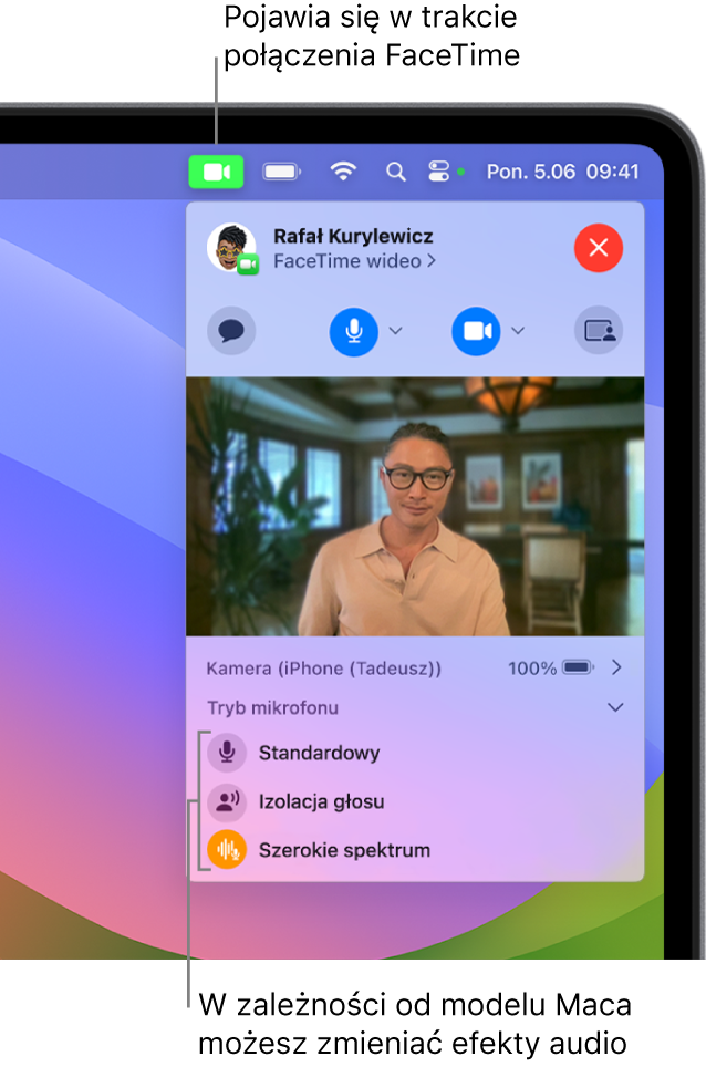 Centrum sterowania w prawym górnym rogu ekranu Maca. Widoczny jest przycisk wideo (wyświetlany podczas połączenia FaceTime) oraz opcje trybu mikrofonu (pozwalające zmieniać efekty wideo i dźwięku, zależnie od modelu Maca).