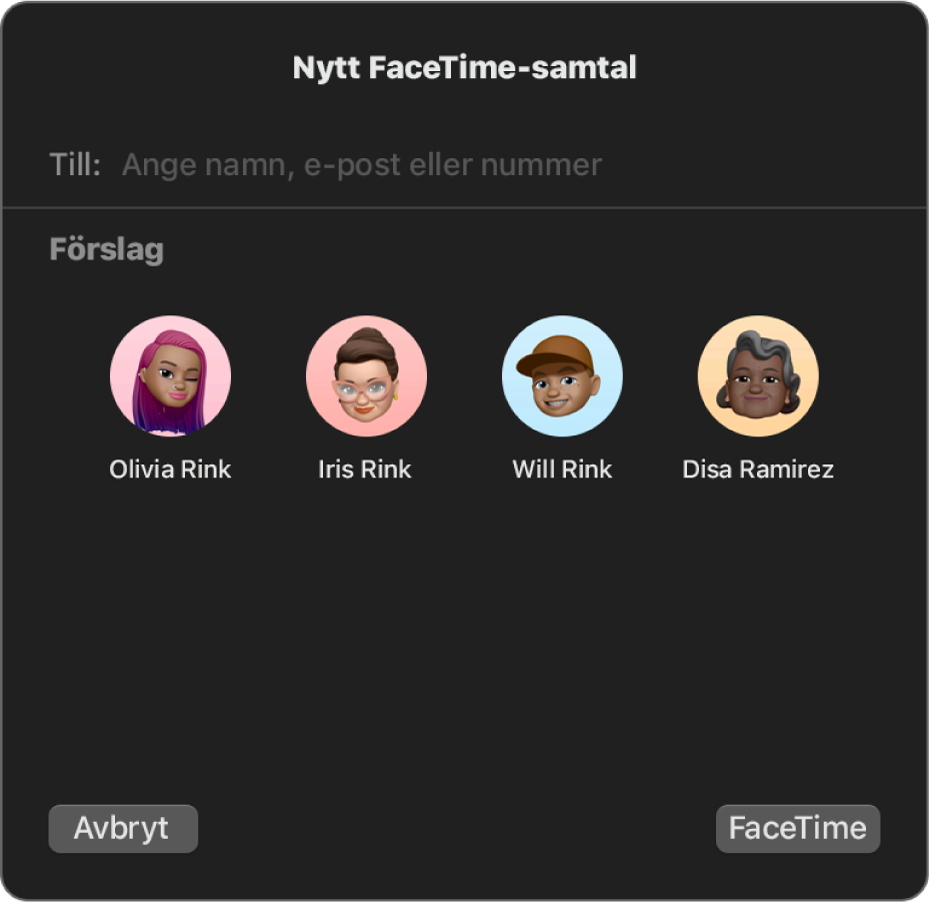 Fönstret Nytt FaceTime-samtal – ange deltagare direkt i Till-fältet eller välj dem bland förslagen.